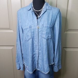 Velvet Heart Tencel Linen Light Blue Denim Button-Up Shirt Raw Hem Size Medium